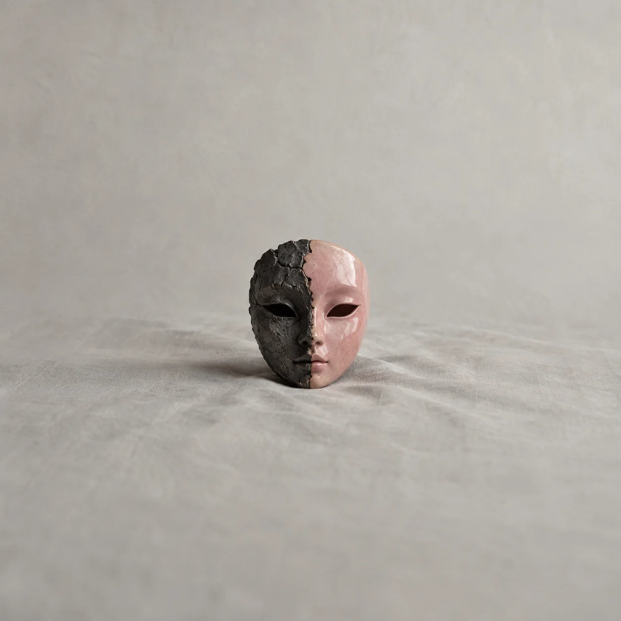A small mask with one rough black half and one smooth pink half.