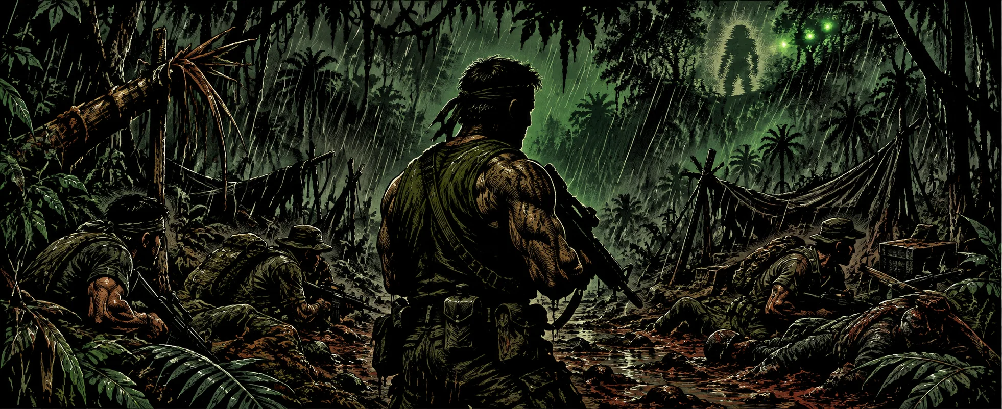A muscular commando, seen from behind, grips his rifle in a rain-soaked jungle at night as a faint shimmering shape lurks in the trees.