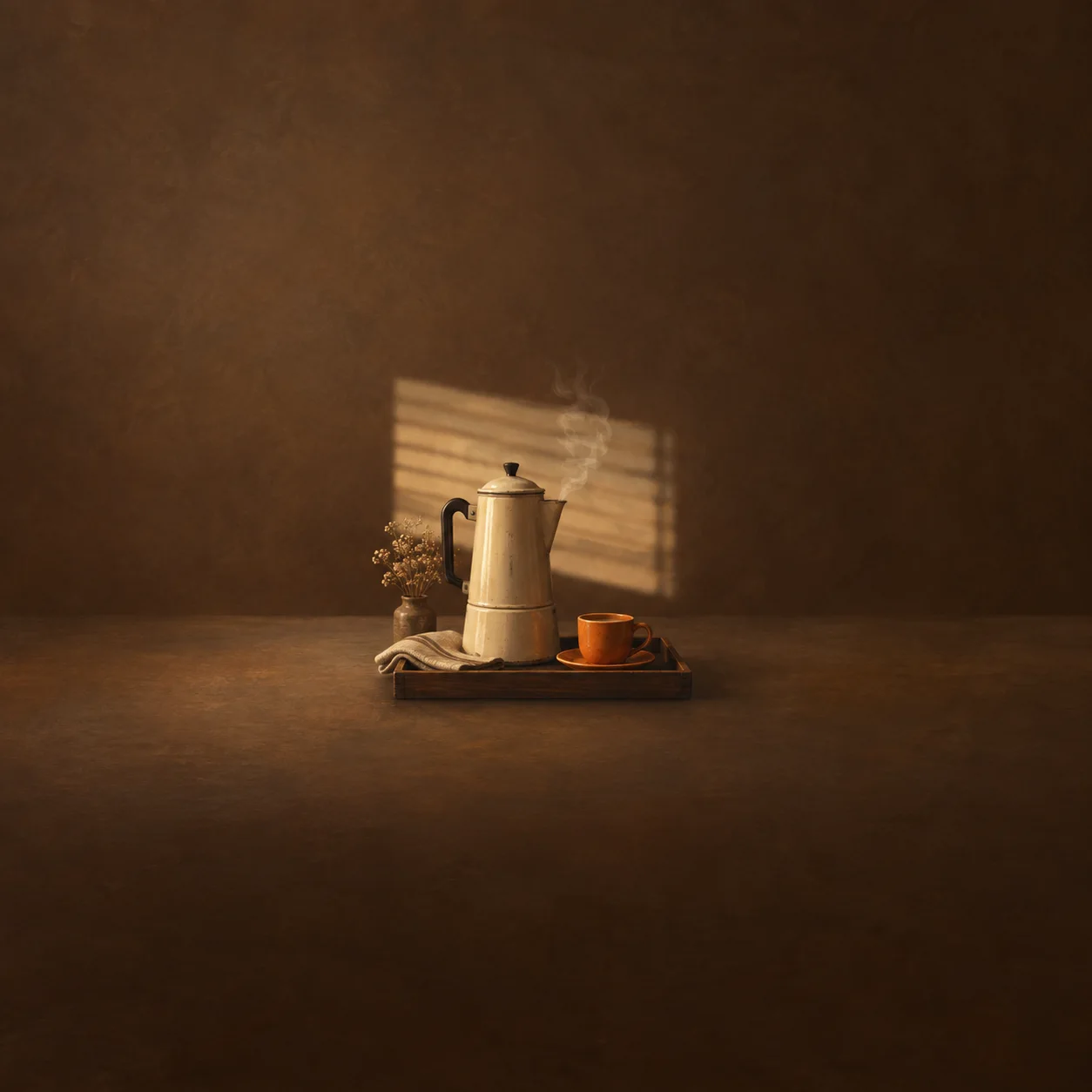 A cream coffee pot and an orange cup on a wooden tray in warm light filtered through blinds.