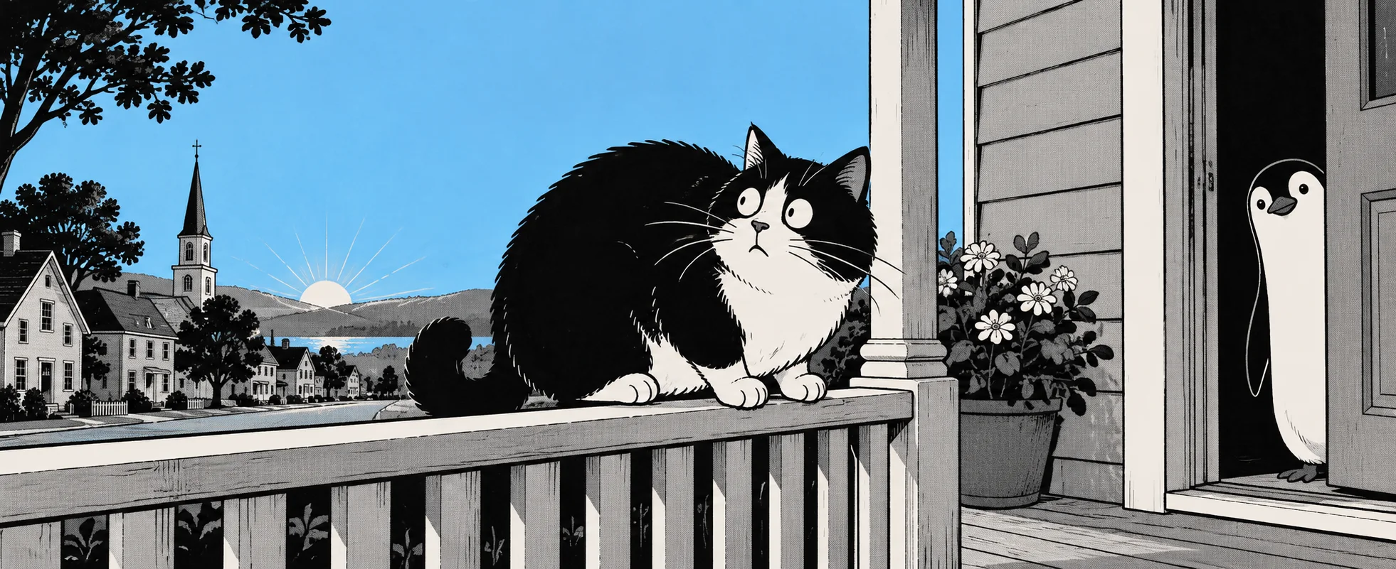 A dishevelled black-and-white cat sits on a porch railing as a small penguin peeks out of the front door.
