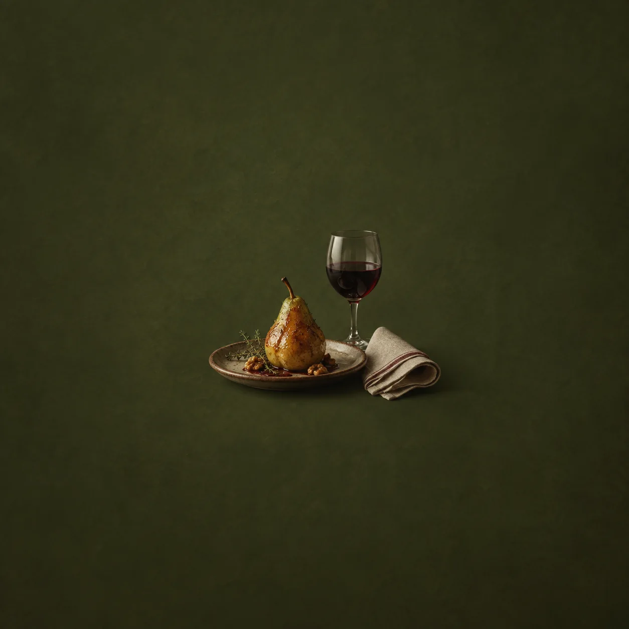 A plate with a roasted pear, a glass of burgundy wine and a folded linen napkin against a deep olive background.