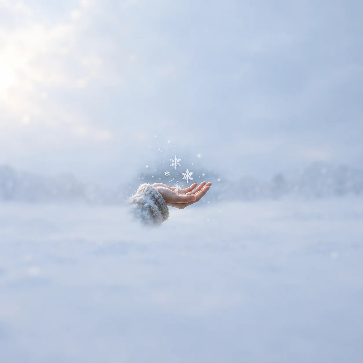 Painterly open hand emerging from a woolly cuff beneath floating snowflakes in a pale winter landscape.