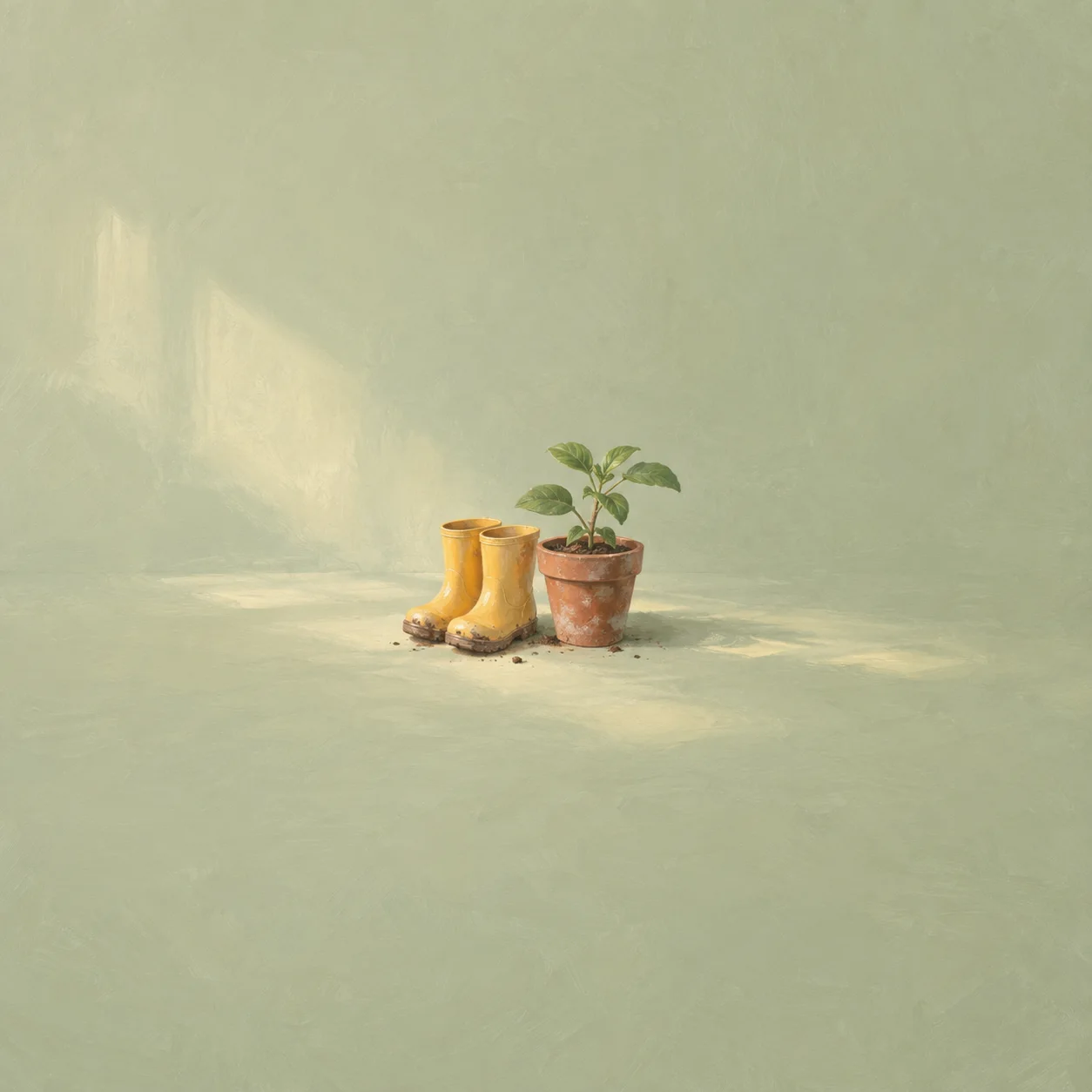 Small yellow rain boots stand beside a leafy plant in a terracotta pot on pale green ground.