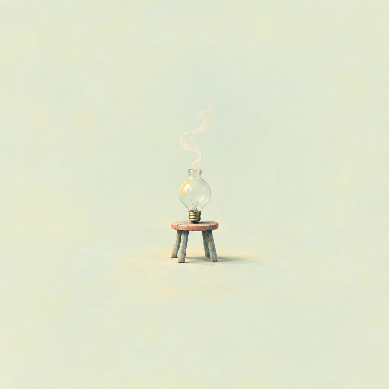 A glass light bulb rests on a tiny stool with a curl of pale smoke rising above it.