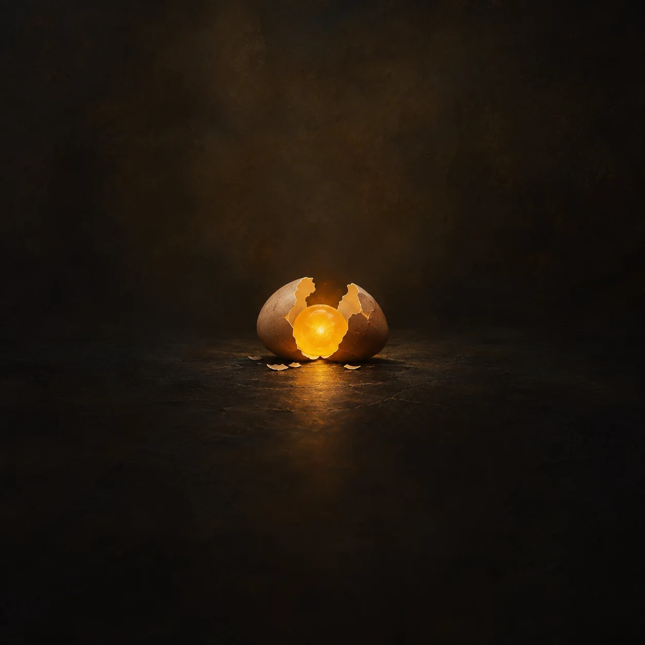 A warm golden light glows through a large crack in an eggshell on a dark surface.