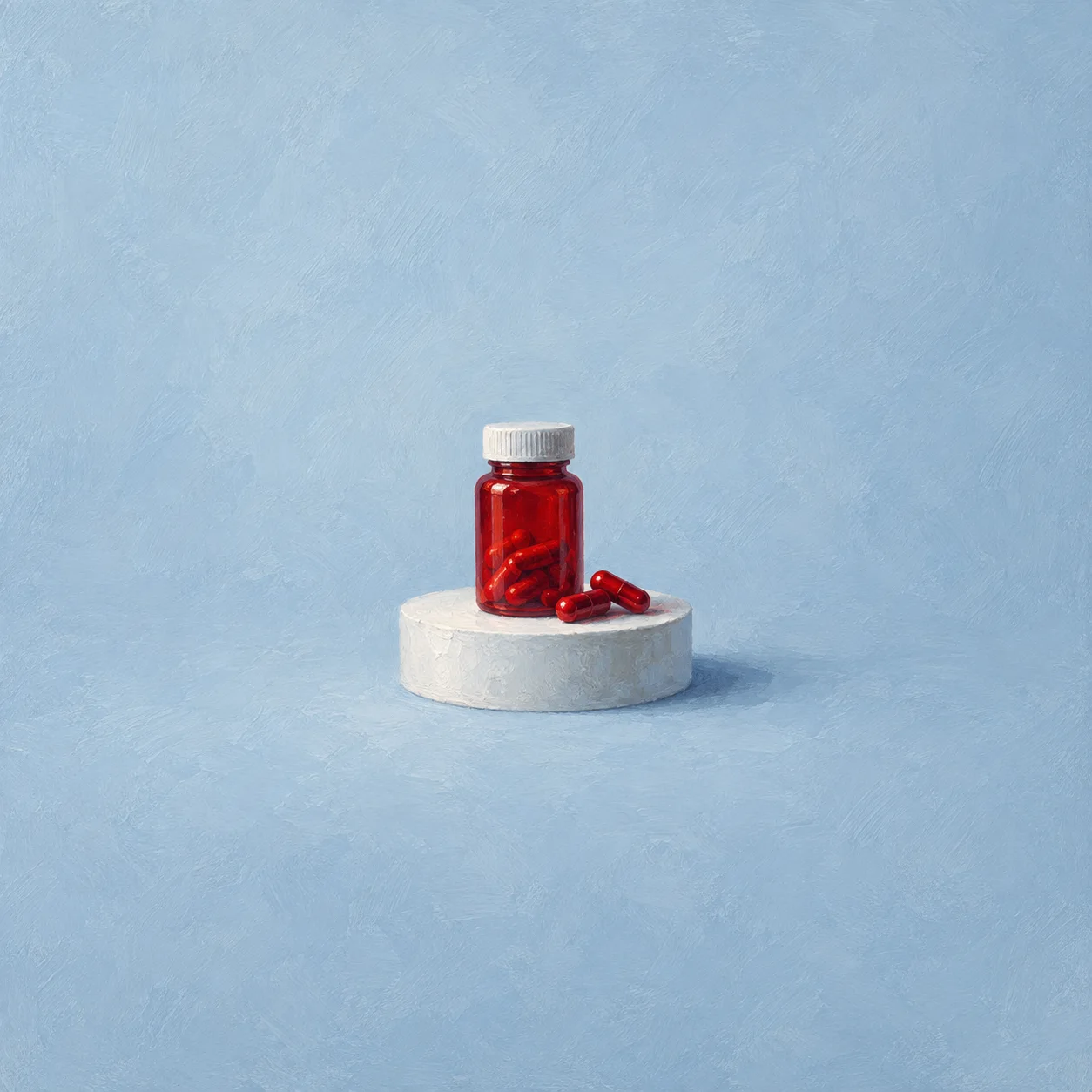 Plain red glass bottle on low pale pedestal with several visible red capsules