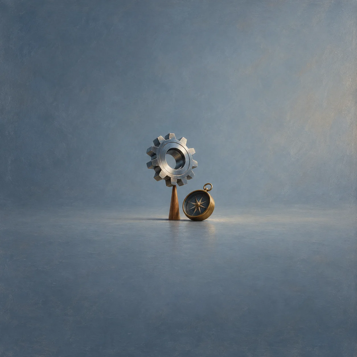 A silver gear stands on a wooden peg beside a brass compass.