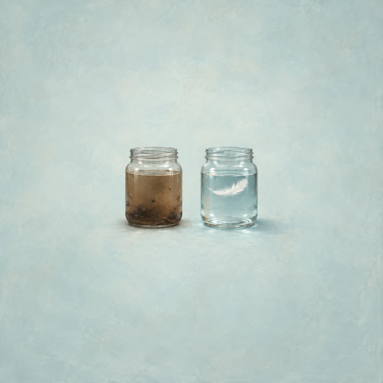 Two glass jars, one filled with muddy brown water and the other with clear water and a white feather, against a pale blue background.