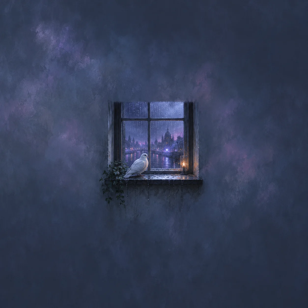 A white dove perches on an ivy-trimmed windowsill beside a small candle, overlooking a blue-purple city at night.