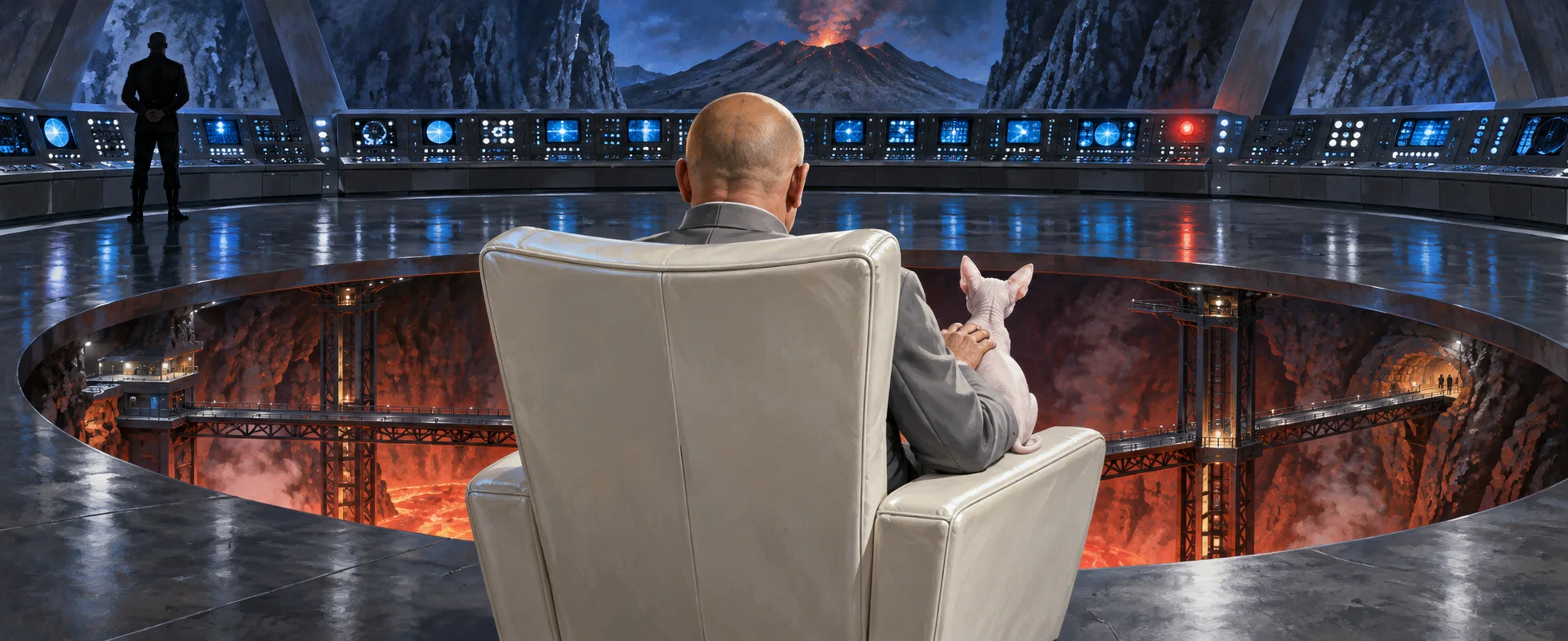 A bald villain in a grey suit sits in a white leather chair with a hairless cat in a volcano lair, seen from behind.