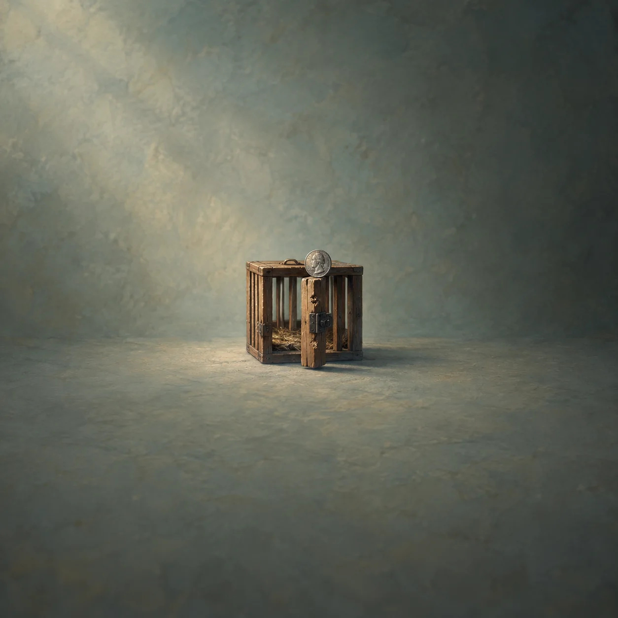 Painterly tarnished silver coin balanced above the open door of a small wooden cage.