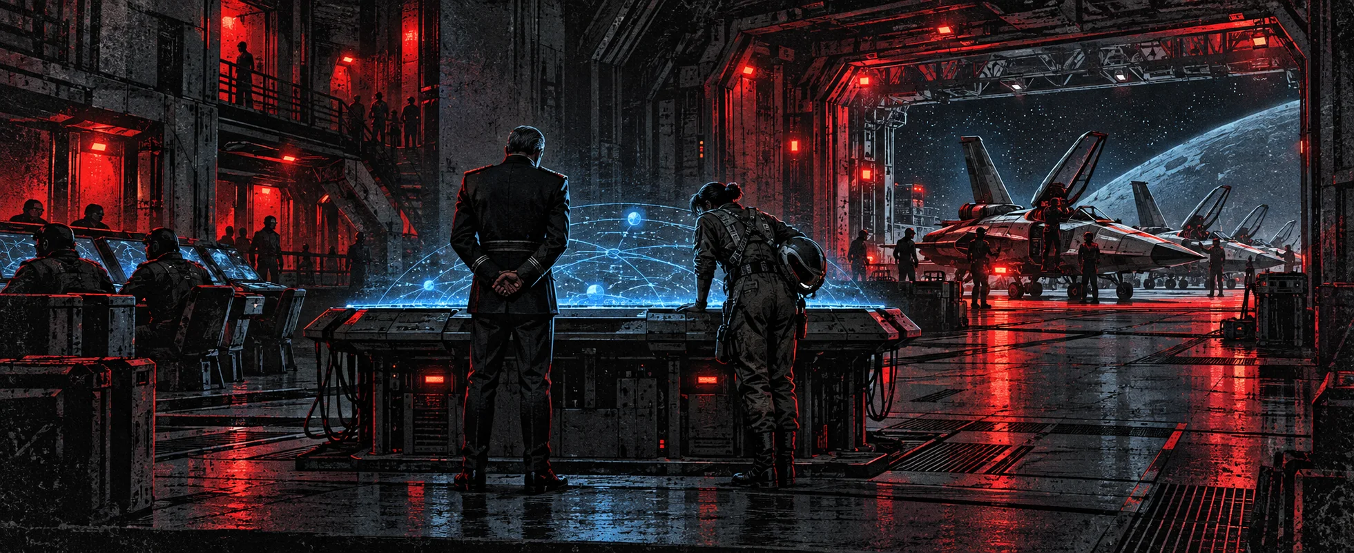 Illustration of an officer and a pilot seen from behind at a glowing blue tactical table in a red-lit warship command centre, fighter craft waiting in the bay beyond.