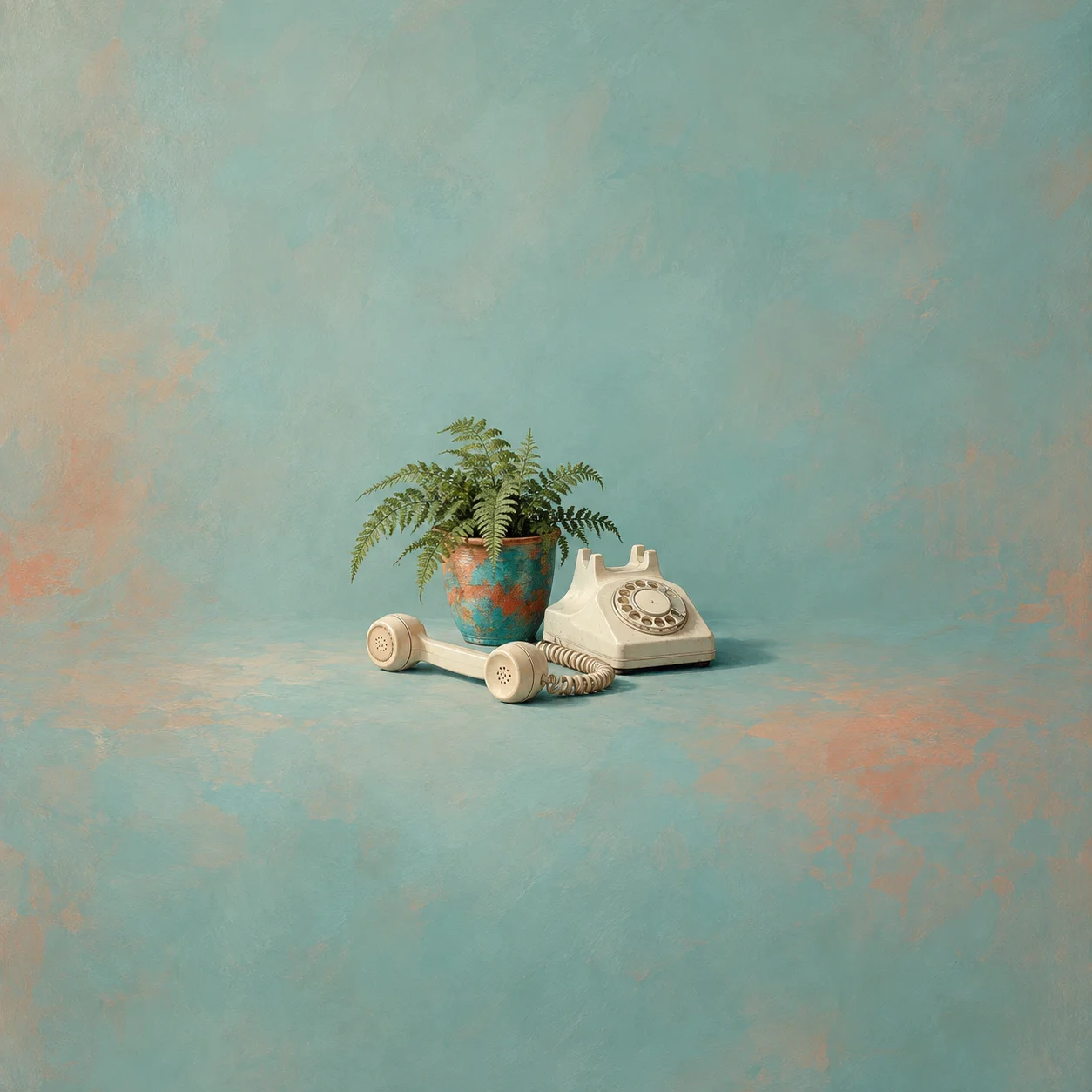 A cream rotary telephone with its handset off the cradle beside a potted fern on a teal surface.