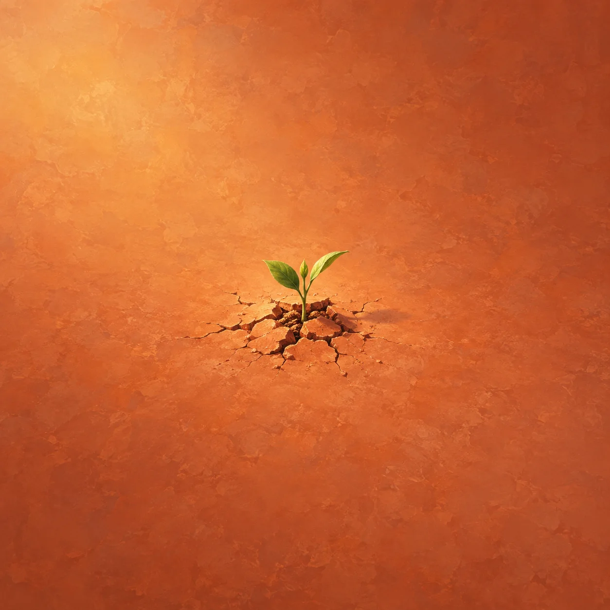 A small green seedling pushes through cracked orange earth.