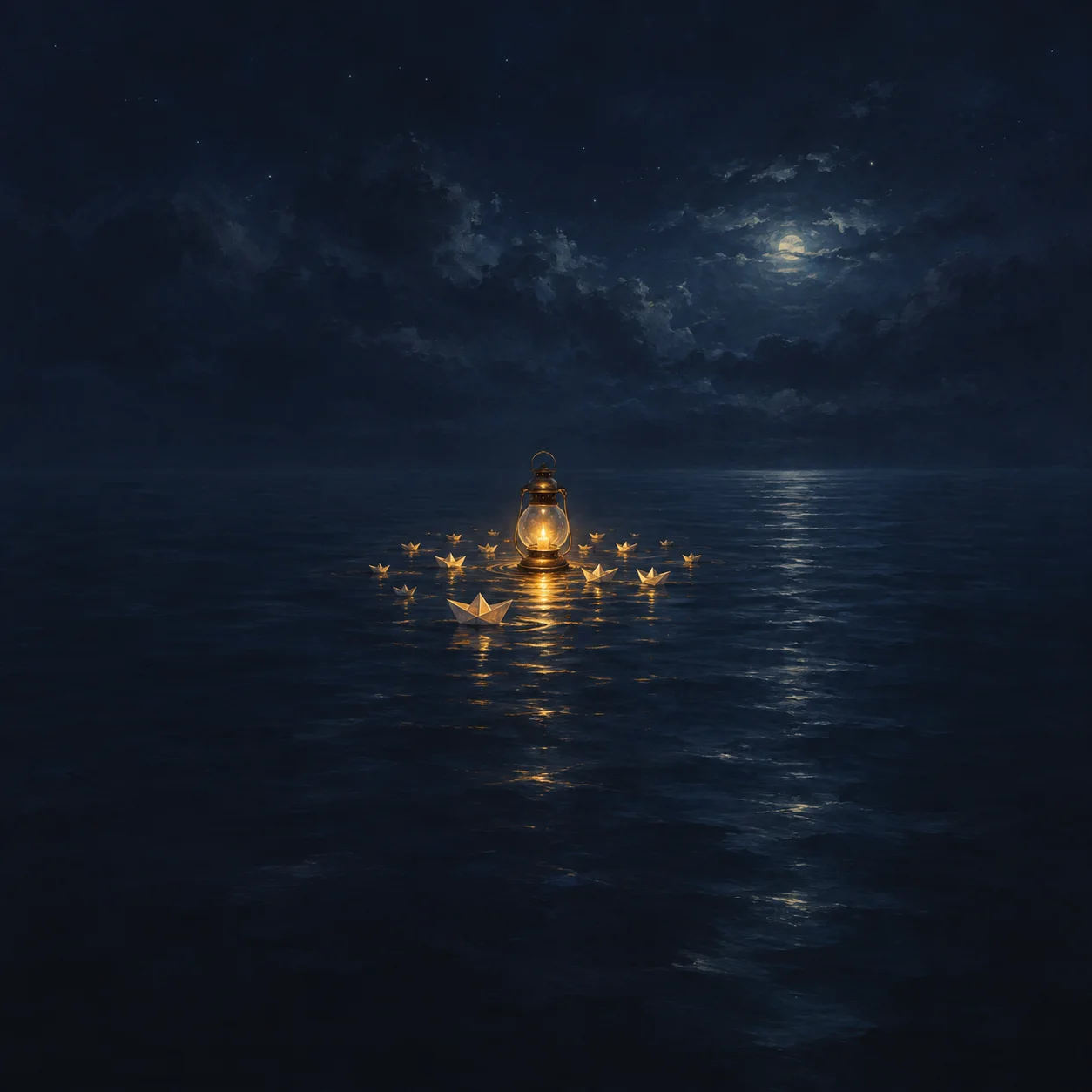 A glowing brass lantern surrounded by small paper boats floating on dark blue water beneath a cloudy night sky.