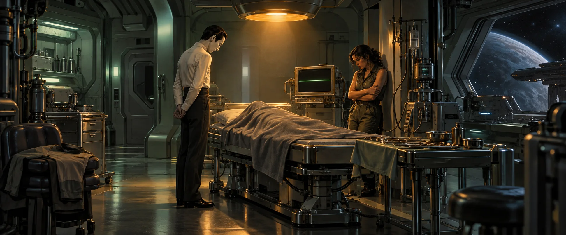 A pale android in a white shirt stands by a sickbay bed aboard a starship as a woman watches.