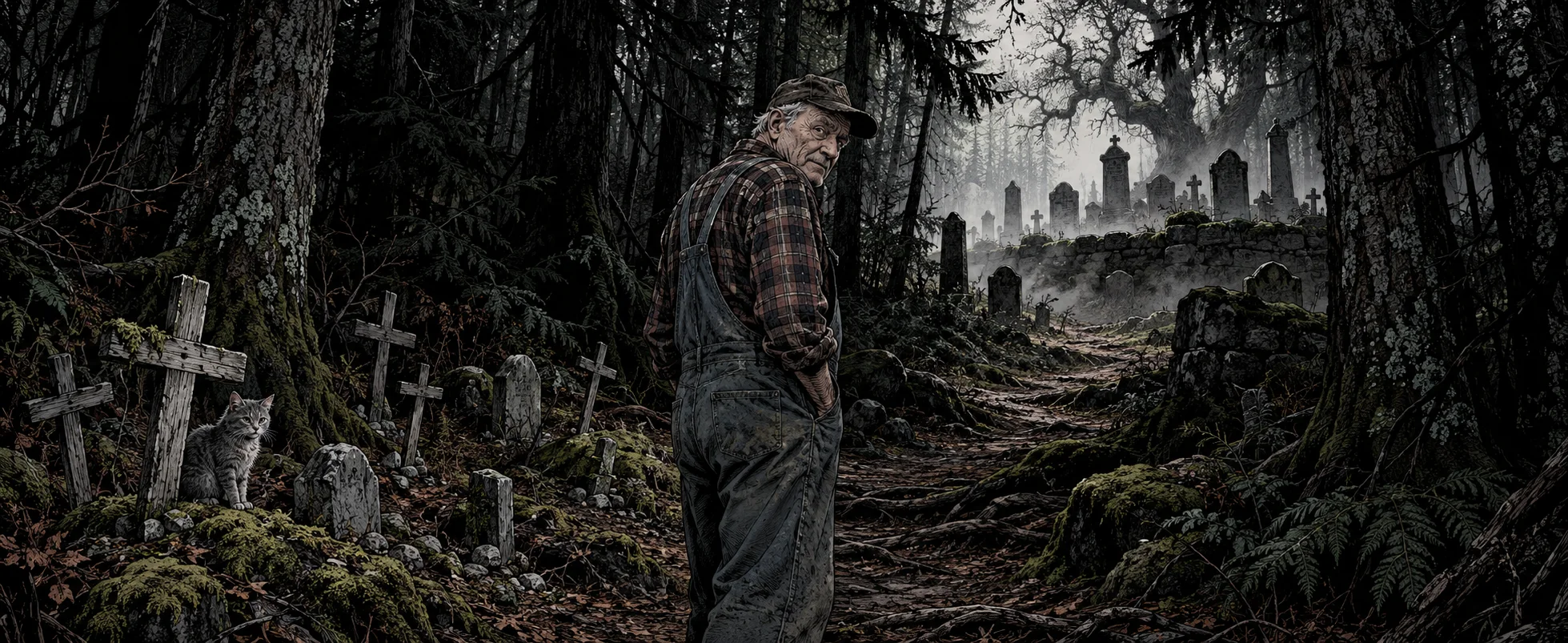 An old man in plaid and overalls looks back over his shoulder on a dark forest path lined with small crosses, an older burial ground beyond.