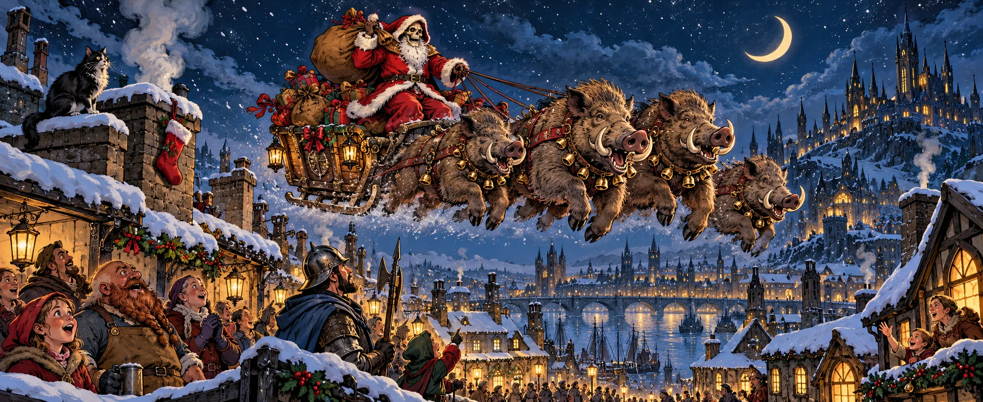 A sleigh drawn by flying boars and driven by a bearded figure in red soars over a snowy, crowded medieval city at night.