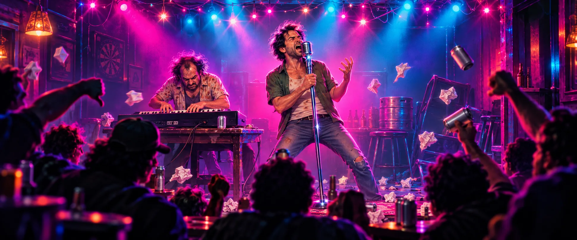 Two scruffy men perform on a tiny neon-lit pub stage, one at a keyboard and one belting into a mic, as the booing crowd hurls rubbish.