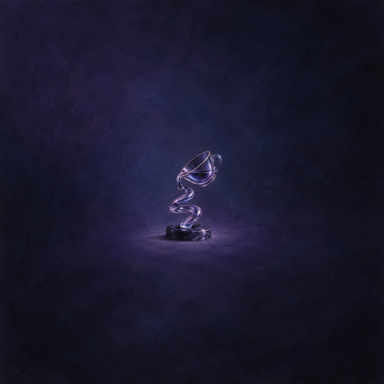 Tilted purple glass cup joined to a smooth solid glass spiral on a low dark base