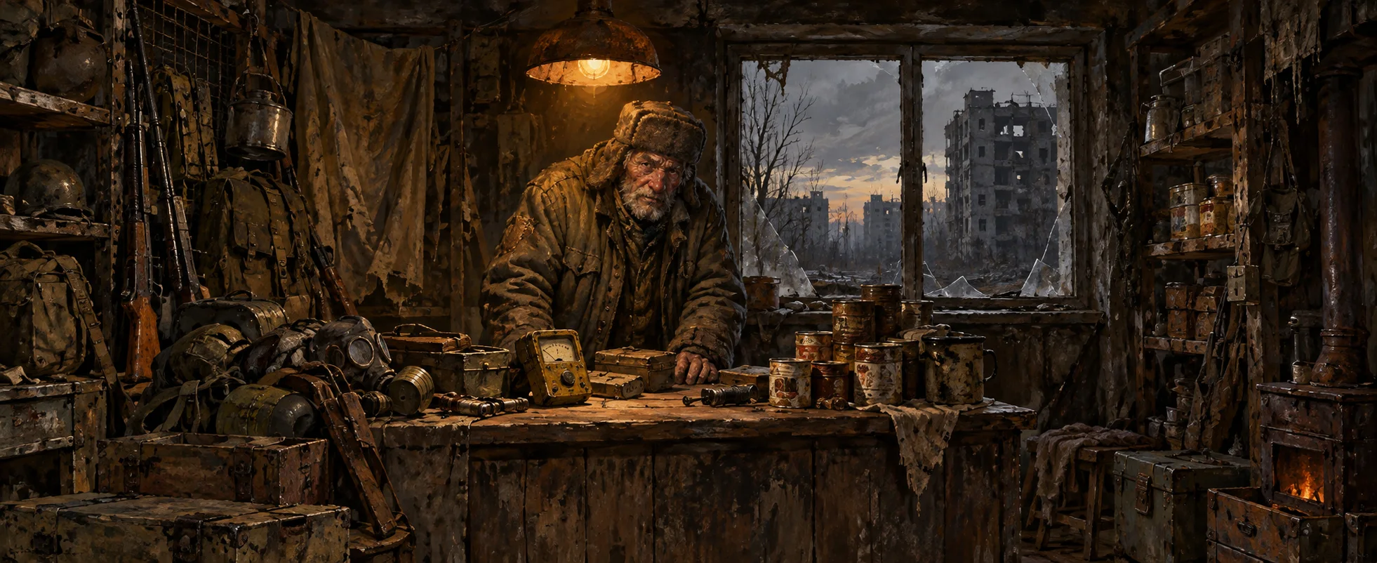 A grizzled trader in a fur hat hunches over the counter of a cluttered bunker shop.