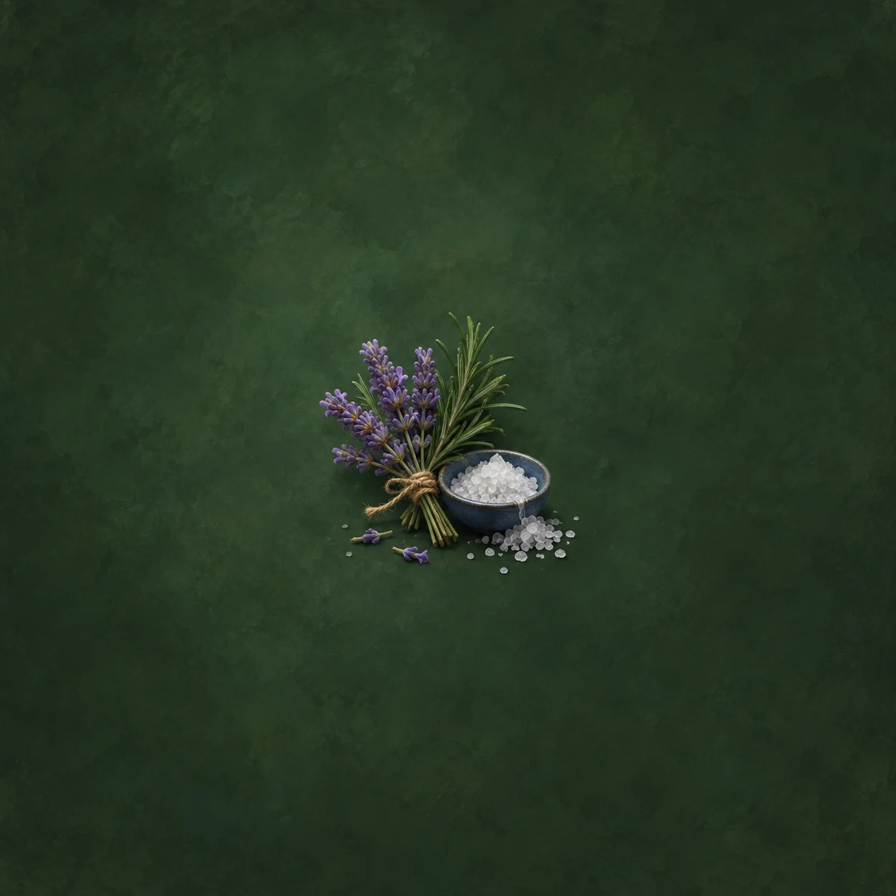 A tied bundle of lavender and rosemary beside a small blue bowl of coarse white salt on a deep green surface.