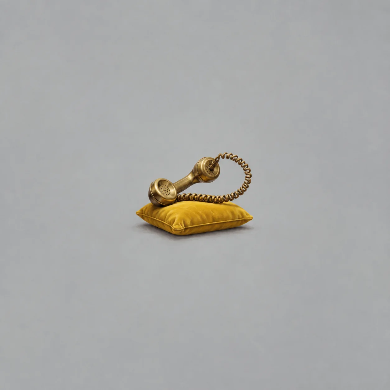 A brass telephone handset with a looped coiled cord resting on a yellow cushion against grey.