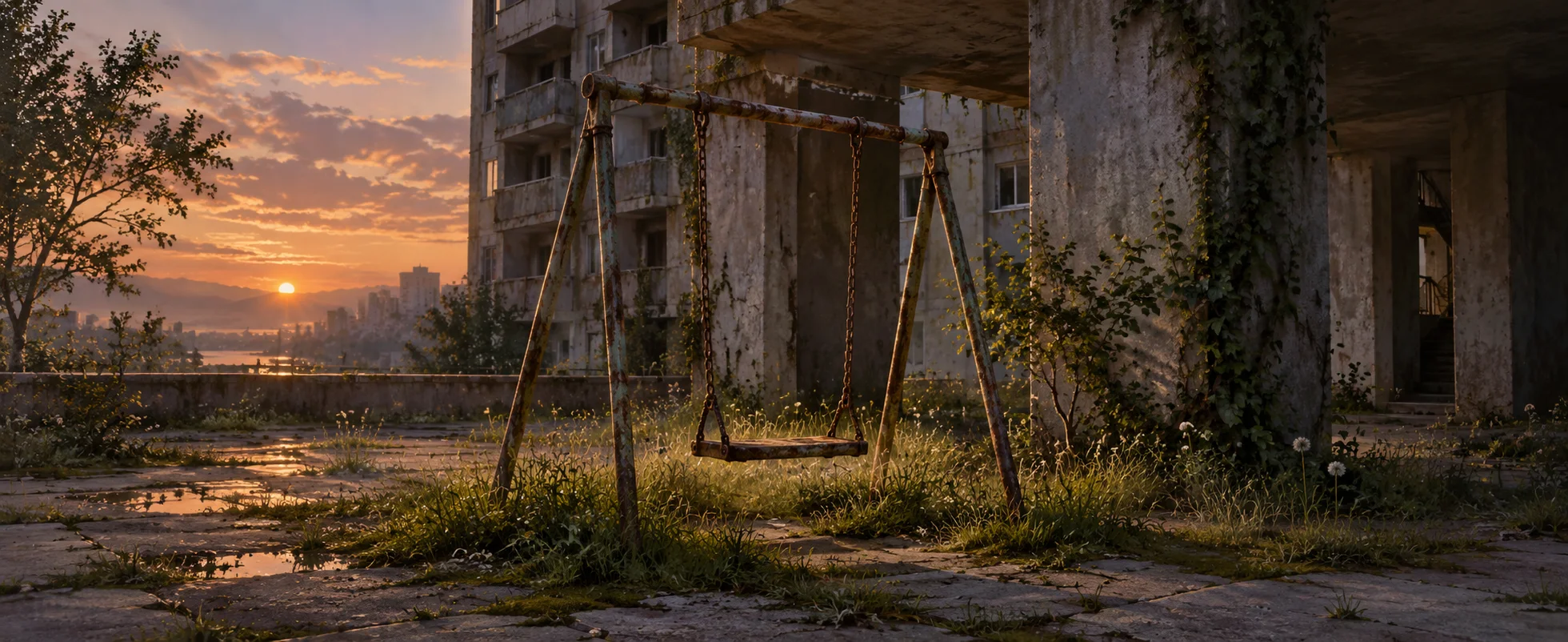 A rusted swing hangs motionless above grass growing through pale concrete beneath an abandoned apartment block.