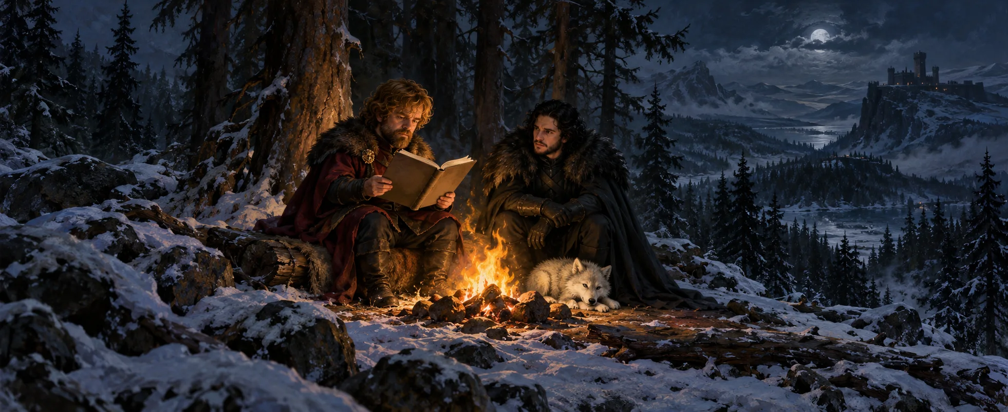 A dwarf nobleman reads a thick book by a campfire in a snowy pine forest at night beside a young man in black with a white wolf pup.