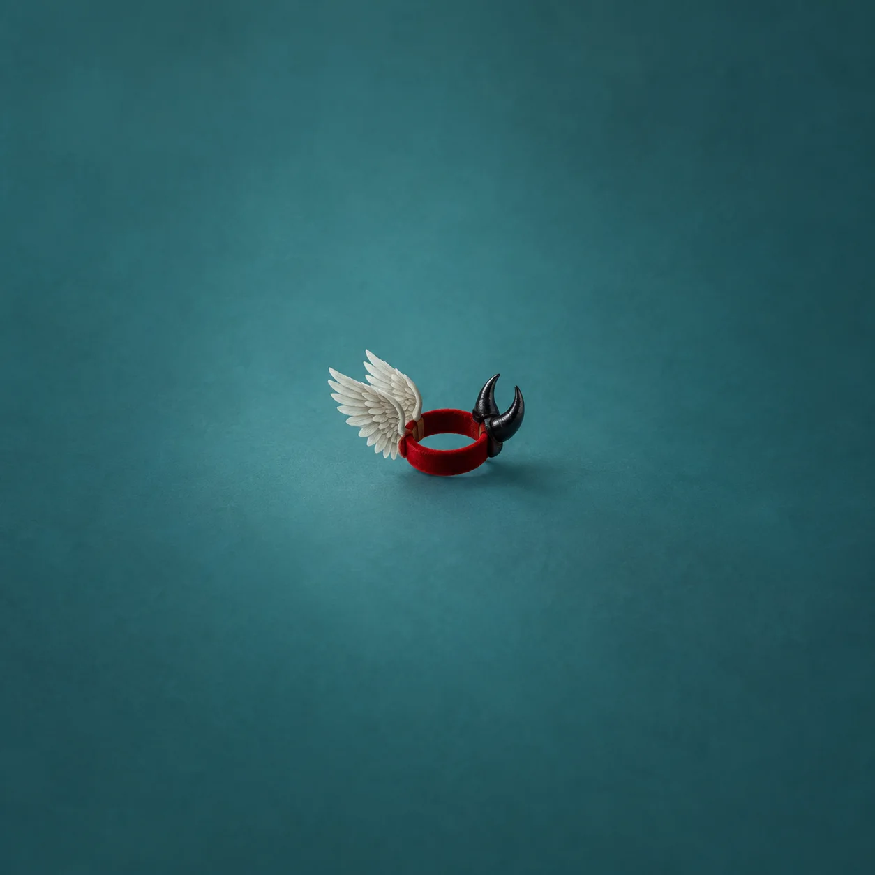 Tiny white paper wings and glossy black horns joined on a red velvet ring against a teal background.