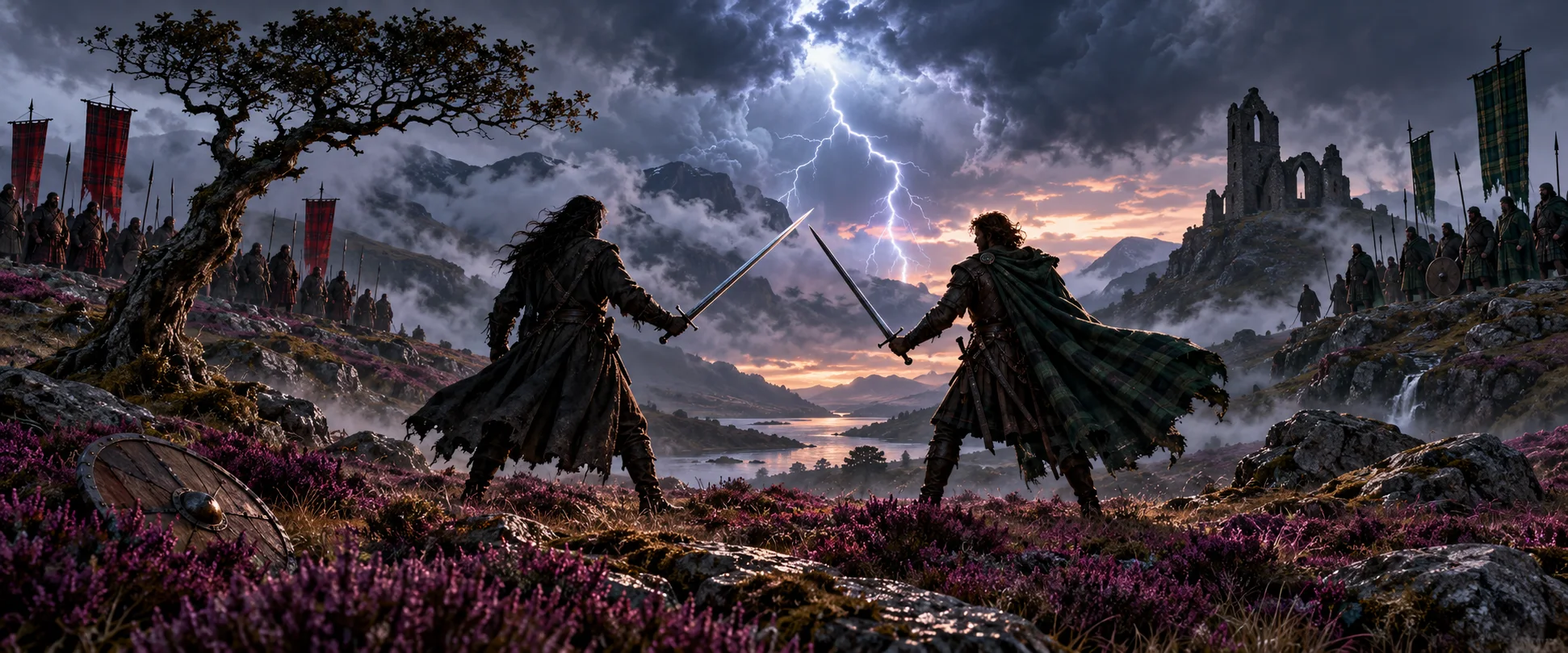 Two swordsmen face off on a heather-covered Scottish moor under a stormy sky split by lightning, clan banners and a ruined castle behind.