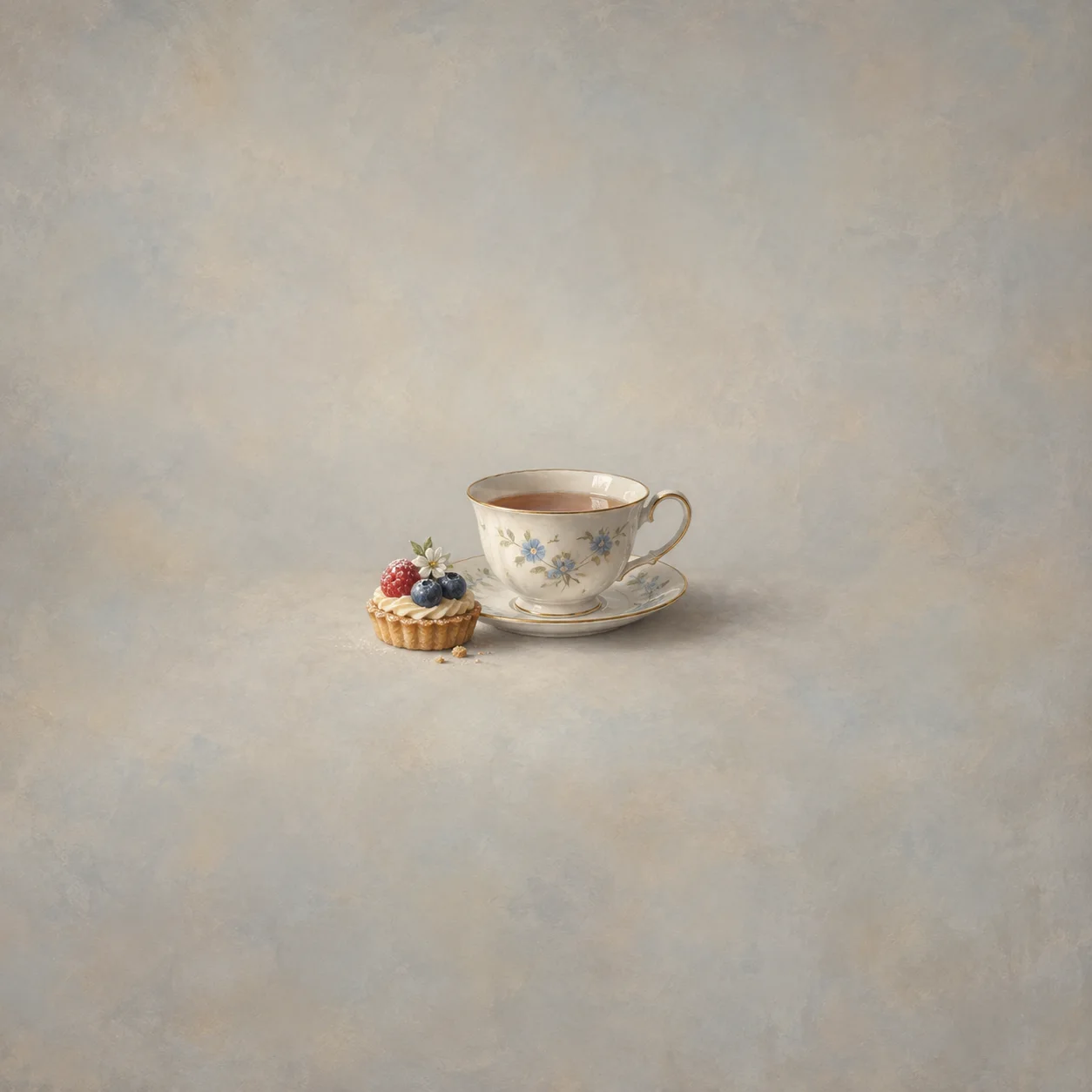 A floral porcelain teacup and saucer sit beside a small berry pastry.