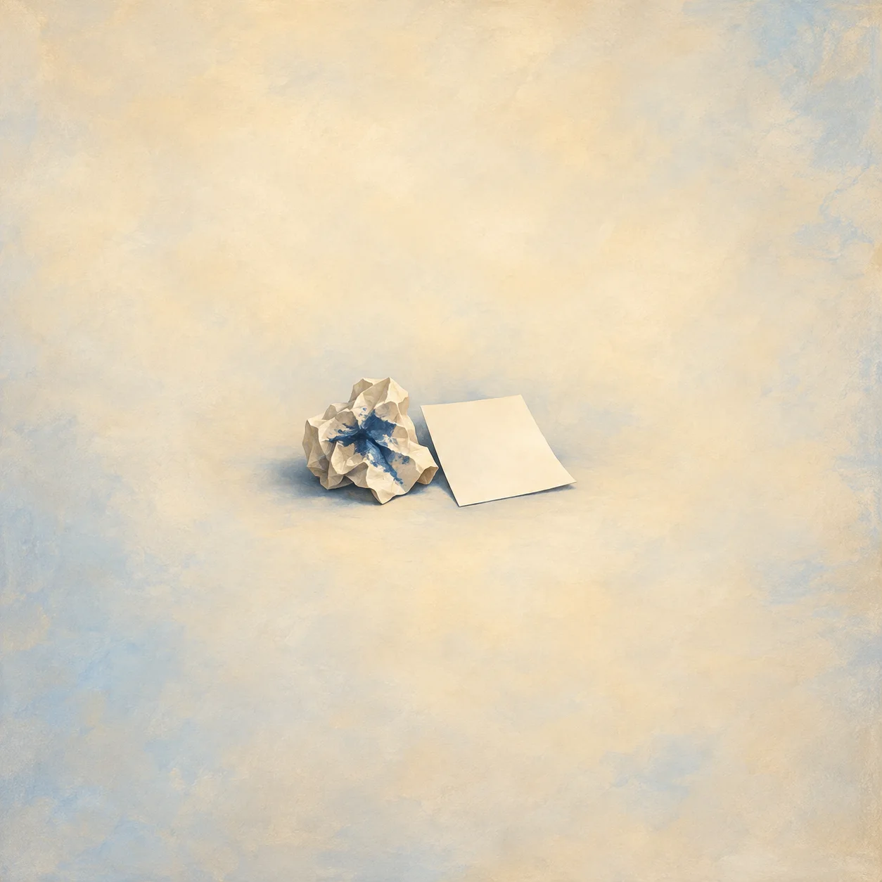 A crumpled paper sheet with a blue ink stain rests beside a clean blank sheet on a pale surface.