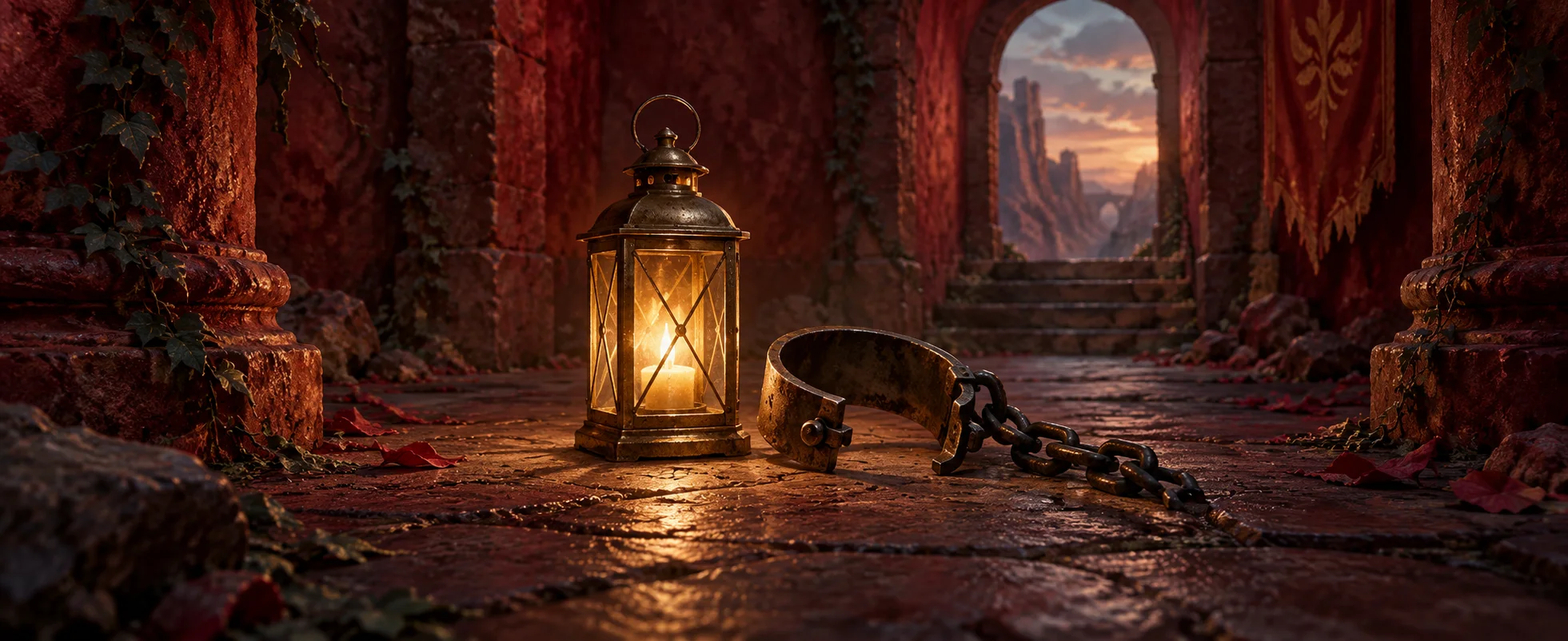 A small unbroken brass lantern glows beside an open iron shackle in a shadowed crimson stone passage.