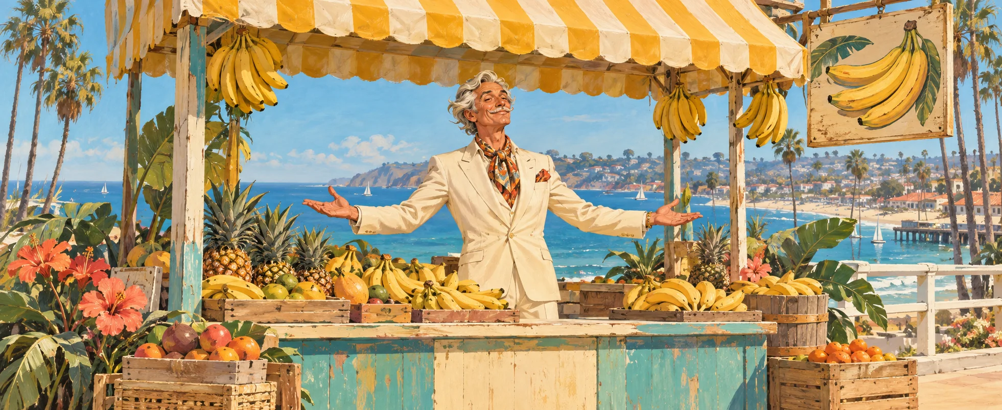 An older man in a cream suit spreads his arms behind a striped seaside banana stand piled with bananas, the ocean and palm trees behind him.