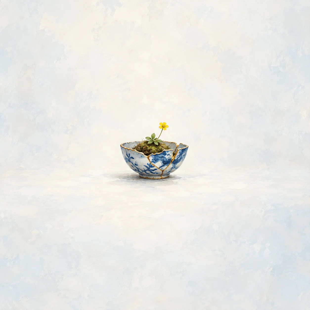 A cracked blue-and-white bowl repaired with gold seams, holding green moss and a small yellow flower.