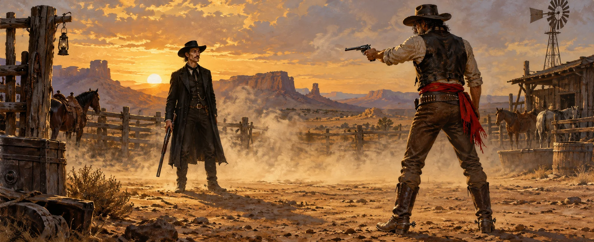 A pale gambler with a shotgun stands calm in a dusty corral lot as a cowboy in a red sash points a revolver at him.