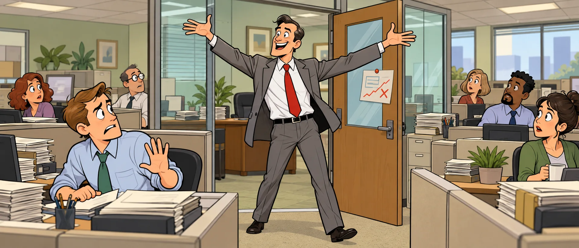 A slim manager in a grey suit flings his arms wide in the doorway of his office, shouting to the staff as an accountant at the near desk raises a hand to object.