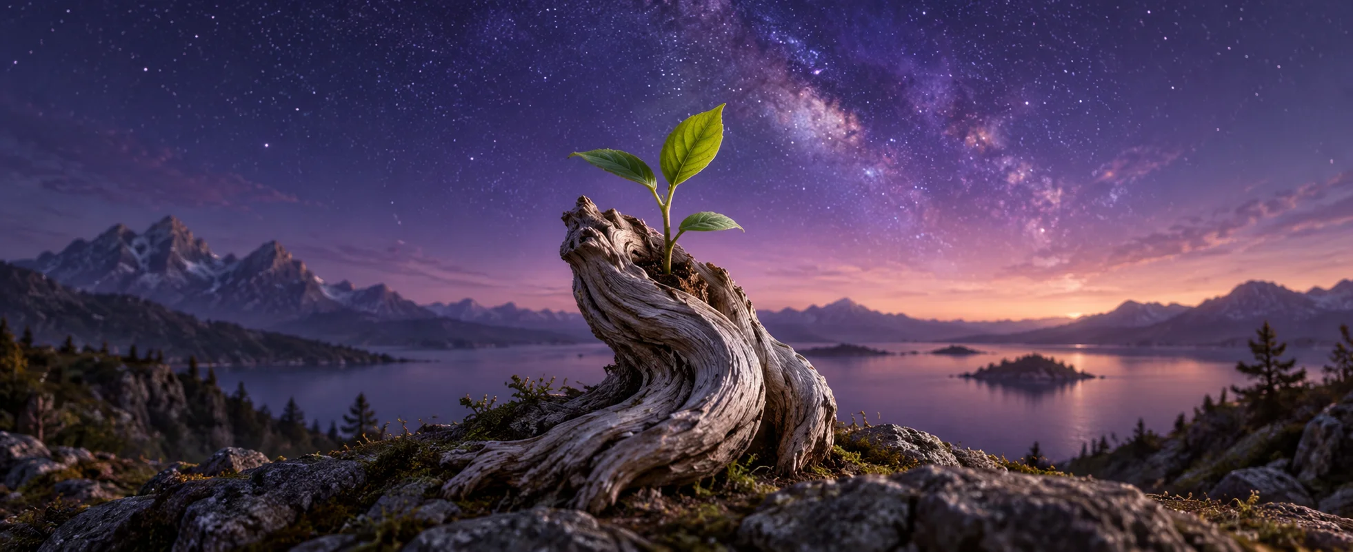 A small green shoot grows from a twisting piece of pale wood beneath a violet starry sky.