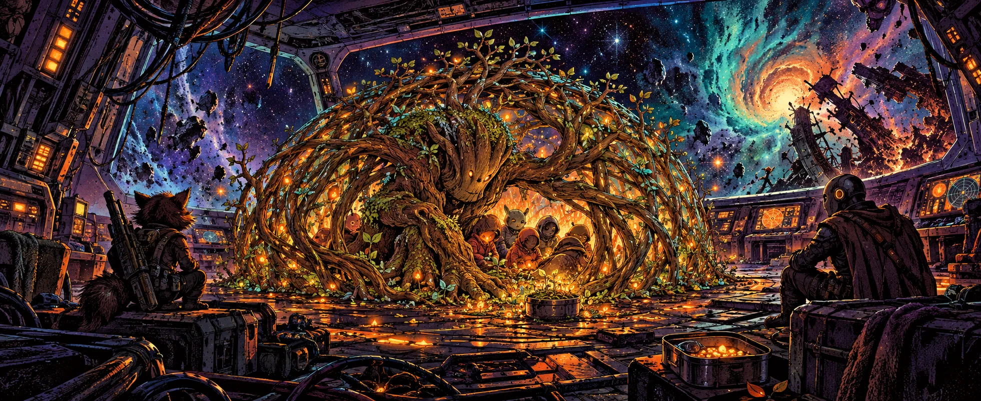 In the dark of a crashing spaceship, a tree creature's branches weave a glowing wooden sphere around tiny figures, glowing seeds floating like fireflies.
