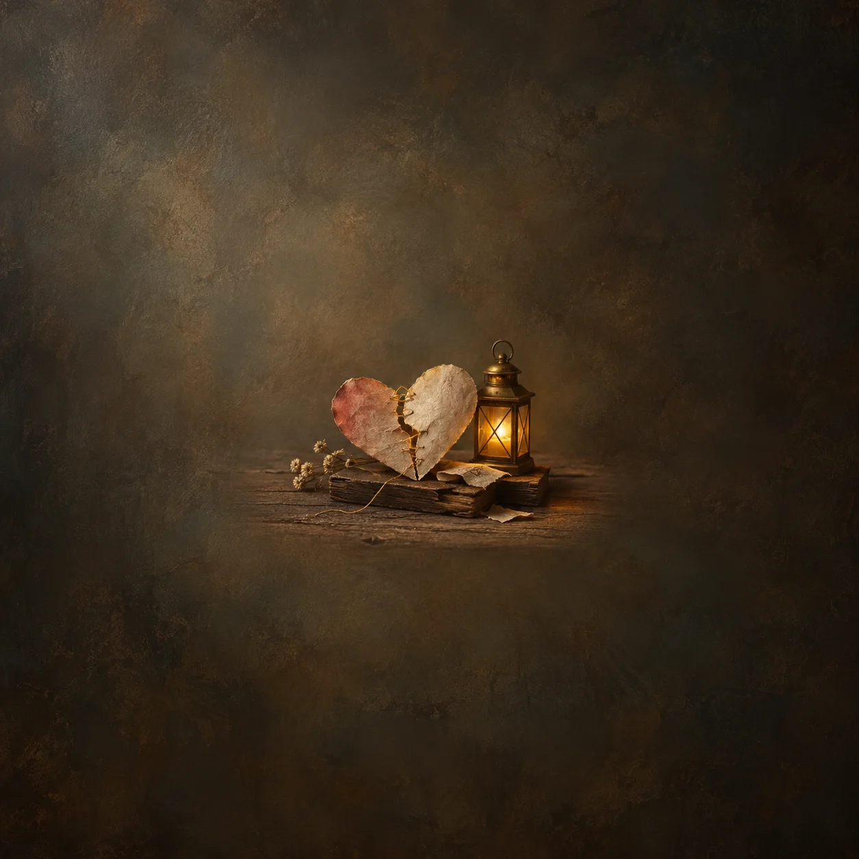 Painterly torn paper heart joined with gold stitches beside a glowing lantern on weathered wood.