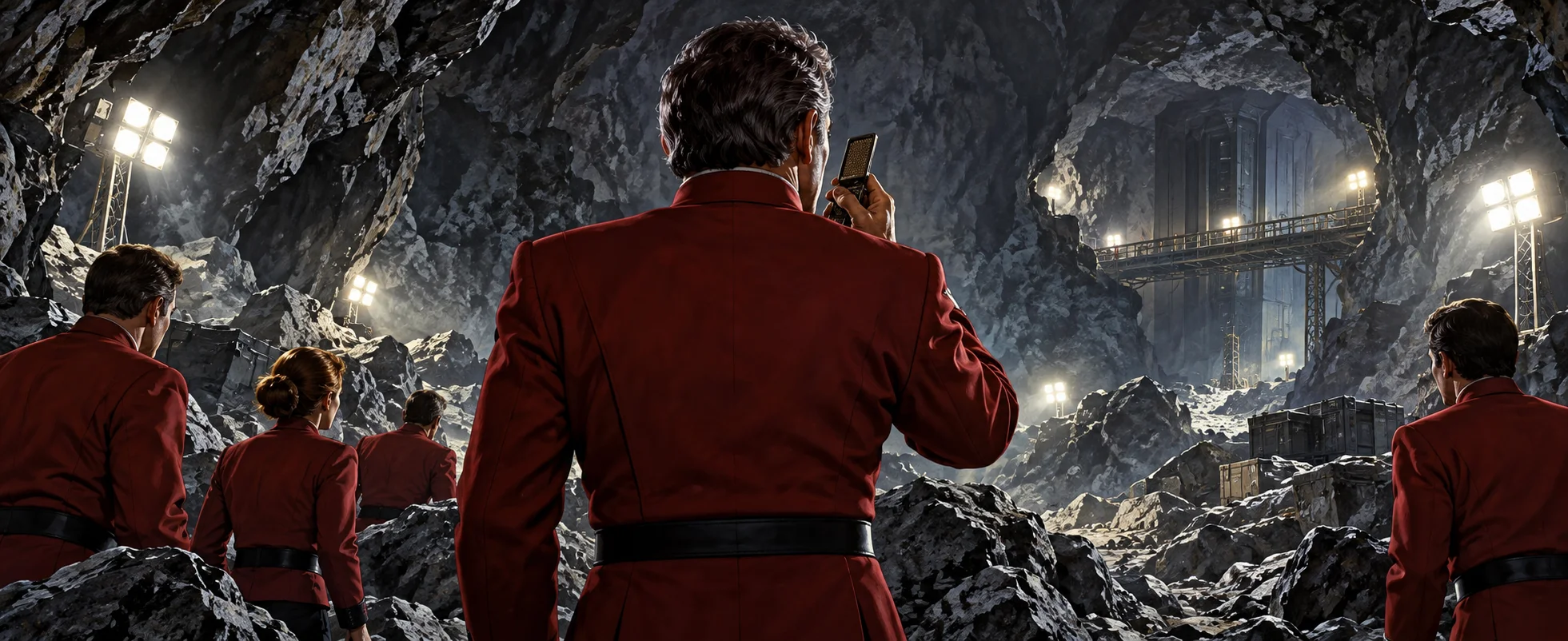 A starship captain in a red jacket speaks into a flip-open communicator in a rocky underground chamber lit by work lamps.