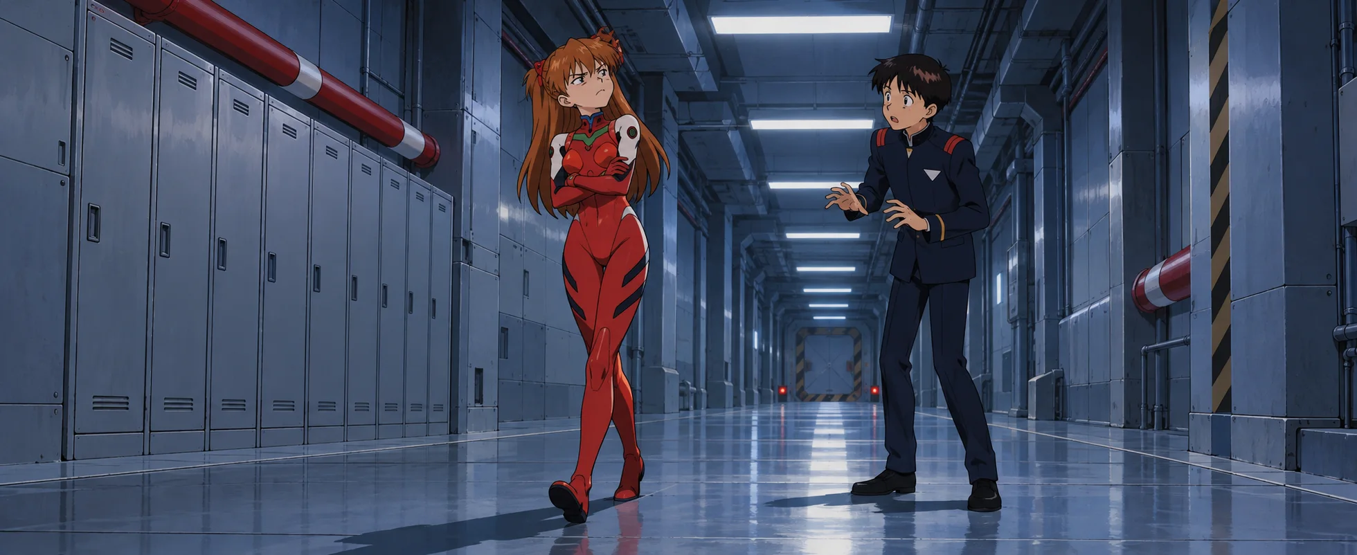 Anime illustration: a red-suited girl with long ginger hair strides away with folded arms and a scowl along a steel-blue underground corridor, while a dark-haired boy in a navy uniform stands behind her with an anxious, pleading gesture.