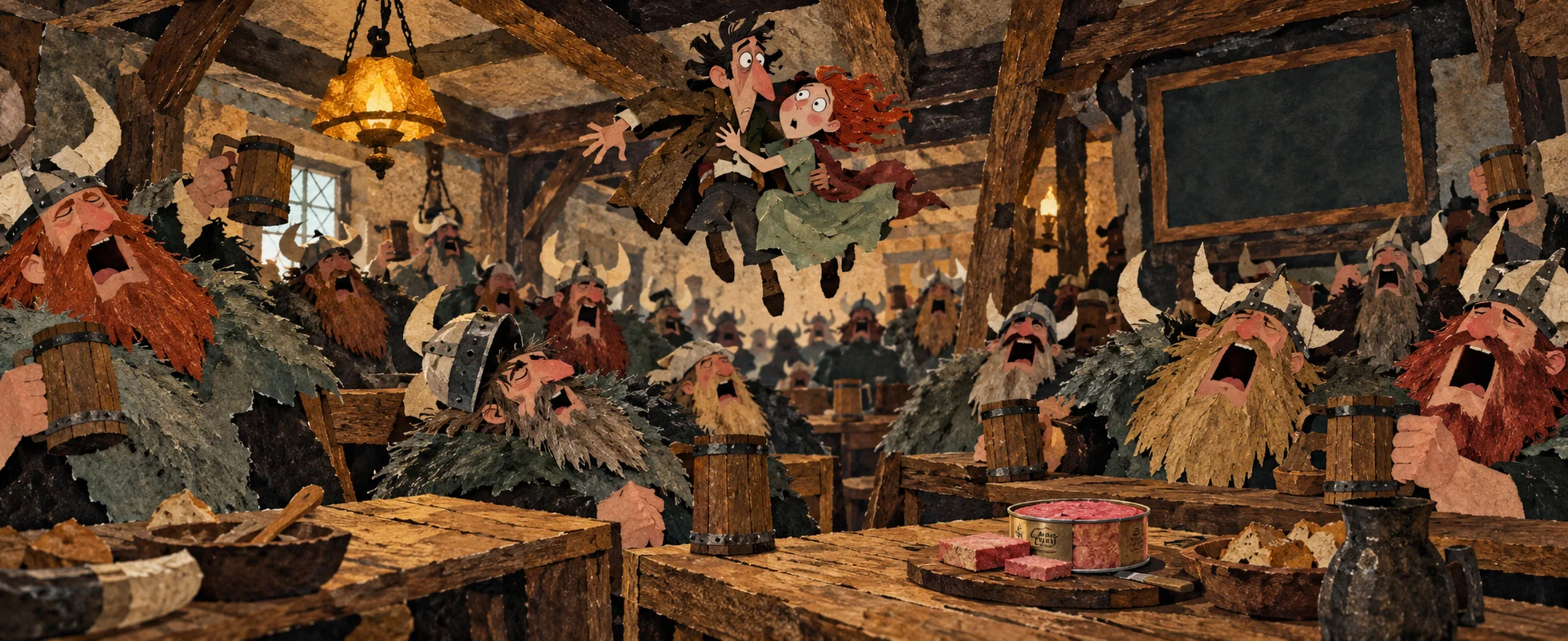 A crowd of singing Vikings in horned helmets fills a cramped wooden cafe as a startled couple drops in from the ceiling, in a cut-out collage style.