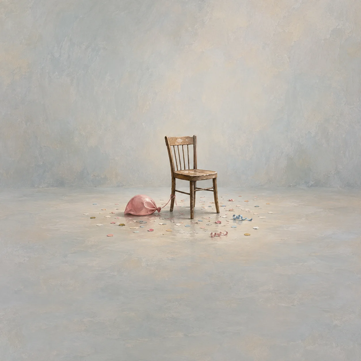 A partly deflated pink balloon hangs beside a wooden chair with confetti scattered below.