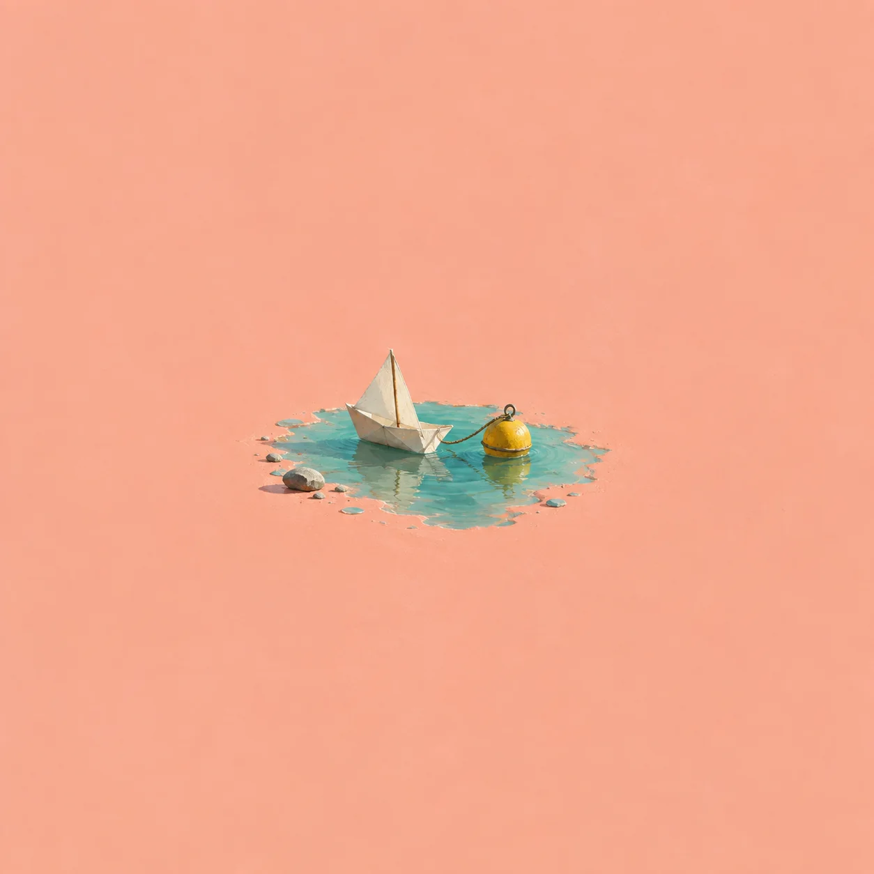 A small paper sailing boat leans in a turquoise puddle beside a yellow buoy on coral ground.