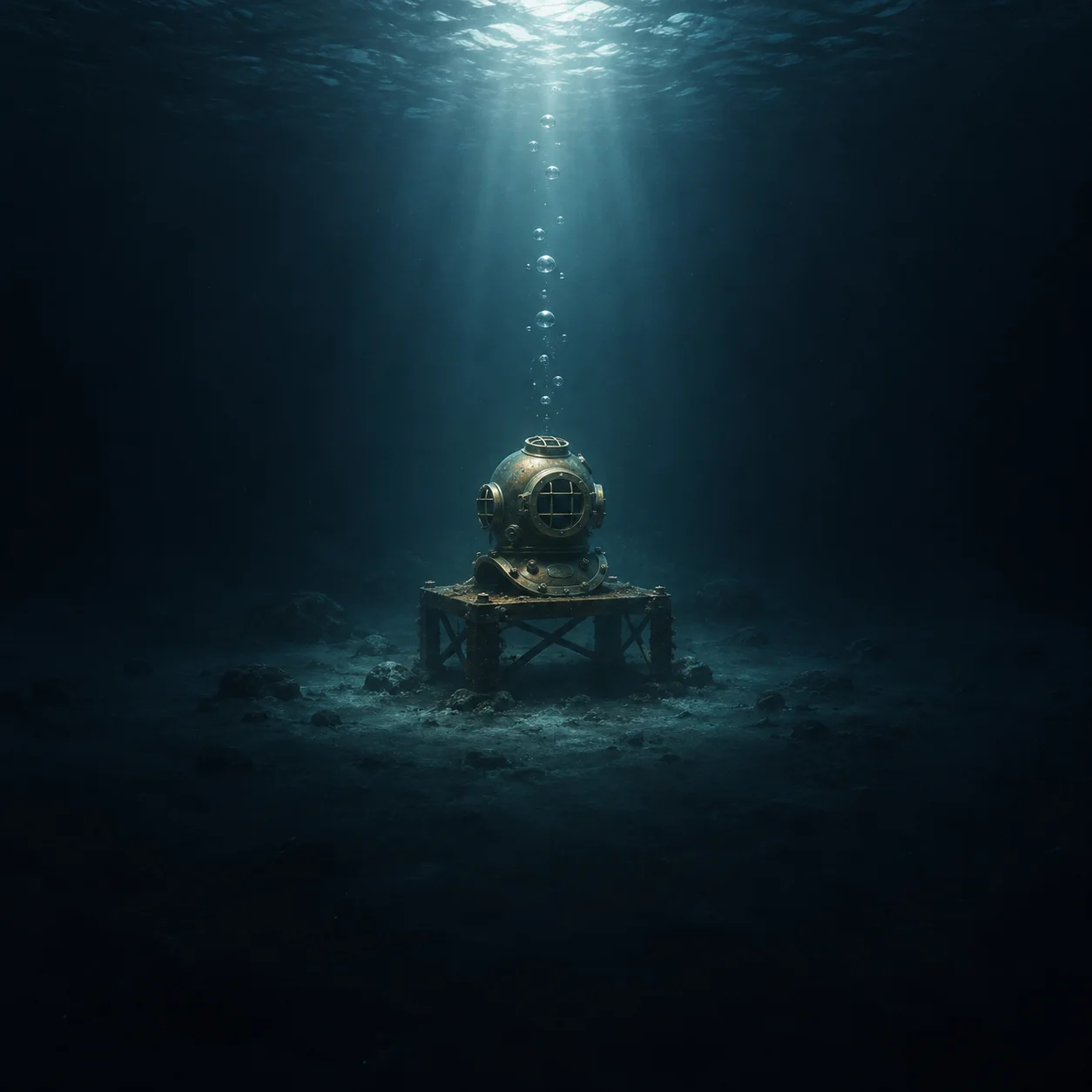 An old brass diving helmet rests on a platform underwater beneath a shaft of light and rising bubbles.