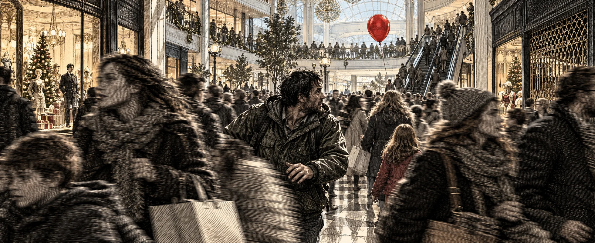 A frantic father pushes through a dense crowd in a bright, festive shopping mall as a single red balloon floats above the shoppers, in a black-and-white etching style with one red accent.