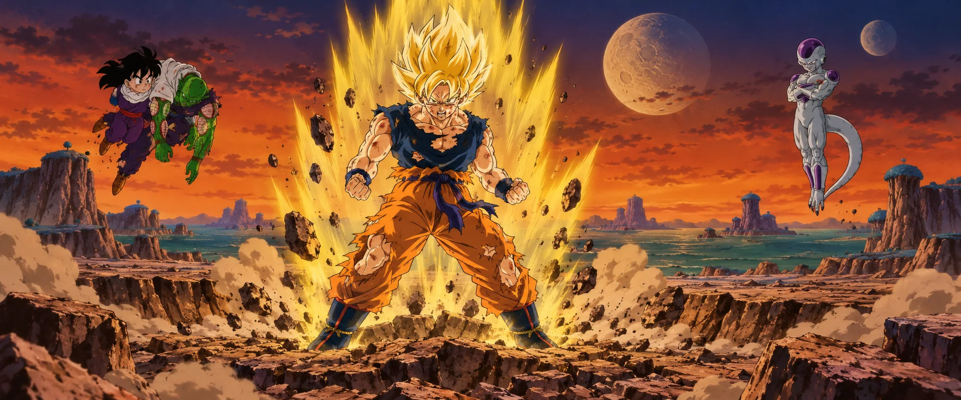 Anime illustration: a spiky golden-haired warrior in torn orange clothes powers up amid flying rocks on a shattered plain, as a boy carries a wounded green-skinned fighter through the air and a pale, tailed foe floats with folded arms beneath two moons.