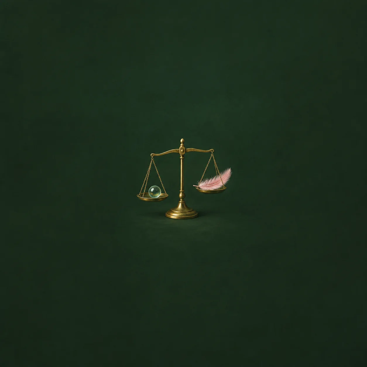 A small brass balance scale holds a glass marble in one pan and a pink feather in the other.
